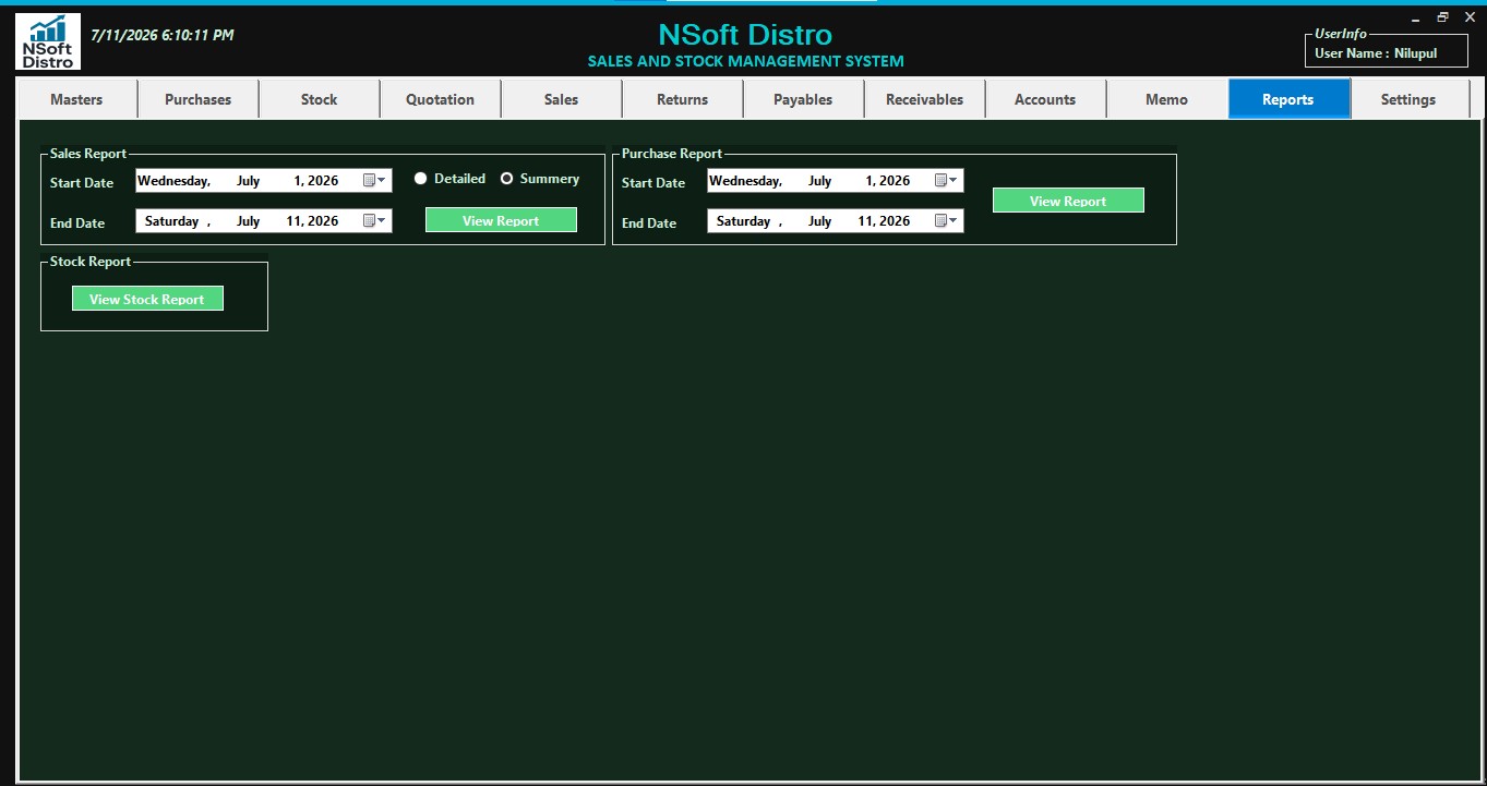 Nsoft Distro reports screen